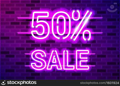 50 percent SALE glowing neon lamp sign. Realistic vector illustration. Purple brick wall, violet glow, metal holders.. 50 percent SALE glowing purple neon lamp sign