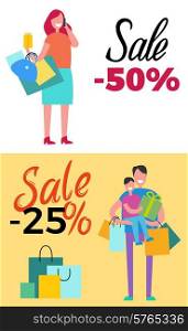 -50 Sale and -25 Sale Vector Illustration. -50 sale and -25 sale propositions. Vector illustrations contain male holding shopping bags in one hand and child in another and female with purchases
