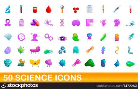 50 science icons set. Cartoon illustration of 50 science icons vector set isolated on white background. 50 science icons set, cartoon style