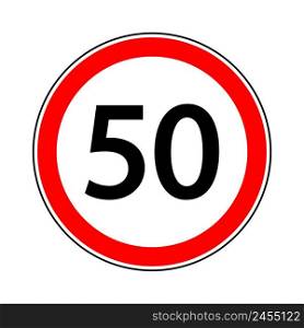50 speed limit sign. 50 km speed limit for car. Road sign with restriction of fifty kmh. Icon for traffic on city or highway. Isolated icon on white background. Vector.