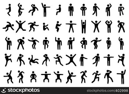 50 stick figure set, person in different sport poses on white background. 50 stick figure set