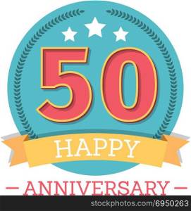 50 Years anniversary emblem with ribbon, stars and laurel wreath, vector eps10 illustration. 50 Years Anniversary Emblem