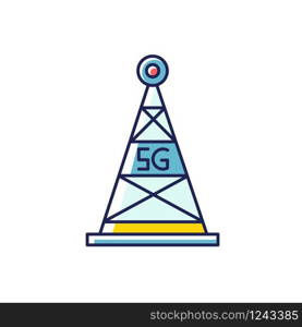 5G cell tower RGB color icon. Antenna signal. Wireless technology. Fast Internet connection. Mobile cellular network coverage. Telecommunications. Isolated vector illustration