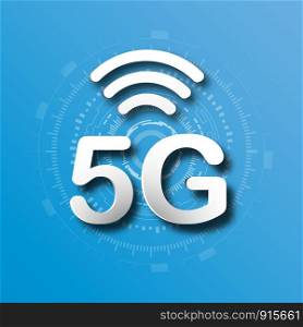 5G cellular mobile communication blue logo background with global network line link transmission. Digital transformation and technology concept. Massive future device connection high speed internet