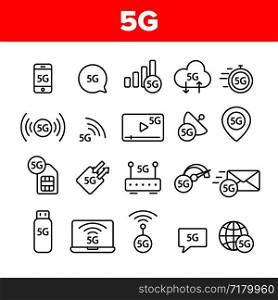 5G Fast Network, Connection To Website Vector Icons Set. High Speed Internet, 5G Generation Of Service Contour. Internet Provider, Connection Type, Wifi, Wireless Distribution Thin Line Illustration. 5G Fast Network, Connection To Website Vector Icons Set