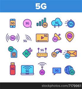 5G Fast Network, Connection To Website Vector Icons Set. High Speed Internet, 5G Generation Of Service Contour. Internet Provider, Connection Type, Wifi, Wireless Distribution Thin Line Illustration. 5G Fast Network, Connection To Website Vector Icons Set