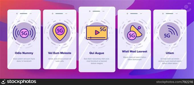 5G Fast Network, Connection To Website Vector Onboarding Mobile App Page Screen. High Speed Internet, 5G Generation Of Service. Internet Provider, Connection, Wifi, Wireless Distribution Illustration. 5G Fast Network, Connection To Website Vector Onboarding