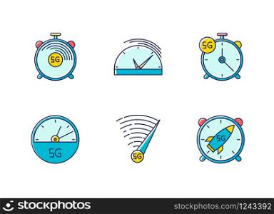 5G fast speed connection RGB color icons set. Stop-watches, speedometer. Mobile cellular network. Low latency Internet access. Wireless technology. Isolated vector illustrations