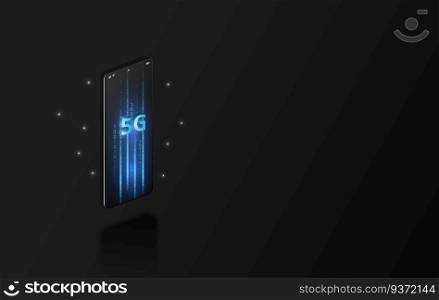 5G High speed internet network communication, mobile smartphone with 5G icons flow on virtual screen, worldwide connection.