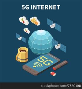 5g internet isometric concept with 3d satellites usb flash card and smartphone vector illustration