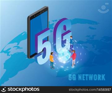 5G internet new mobile wireless technology wifi connection. Isometric smartphone with Earth planet. 5G internet new mobile wireless technology wifi connection. Isometric smartphone with Earth planet letters 5g and tiny people. Fifth innovative generation of the global high speed Internet network. Vector concept illustration isolation template