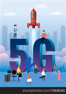 5G internet new mobile wireless technology wifi connection. Start rocket tine people city letters 5g. Fifth innovative generation of the global high speed Internet network. Vector concept illustration isolation template