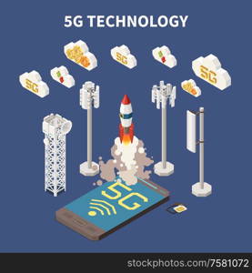 5g internet technology isometric concept on blue background 3d vector illustration