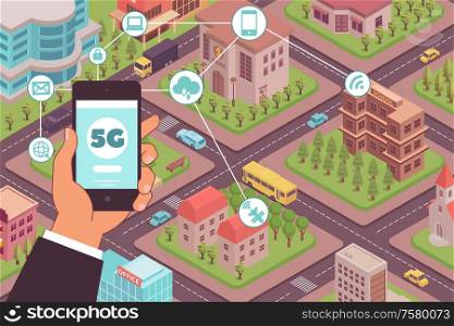 5g internet wireless composition with round icons pictograms hand with smartphone and urban city blocks scenery vector illustration