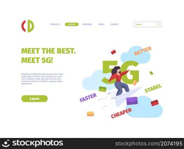 5g landing page. Future mobile technologies gsm internet high speed cellular systems garish vector business web page template. Illustration 5g speed information move, tech wireless. 5g landing page. Future mobile technologies gsm internet high speed cellular systems garish vector business web page template