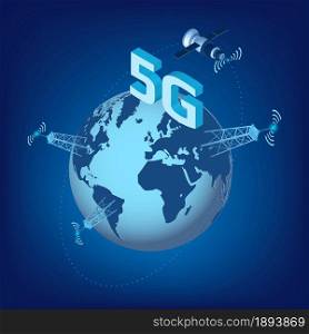 5G LTE technology of high speed data transmission with isometric satellite flying around the planet Earth and transmission towers. Design element for website or banner. Vector illustration.