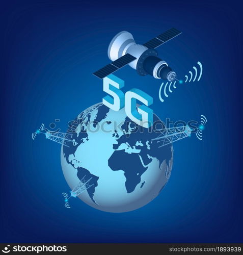 5G LTE technology of high speed data transmission with isometric satellite flying over the planet Earth and high transmission towers. Design element for website or banner. Vector illustration.