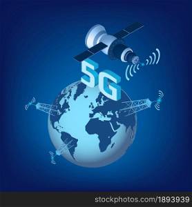 5G LTE technology of high speed data transmission with isometric satellite flying over the planet Earth and high transmission towers. Design element for website or banner. Vector illustration.