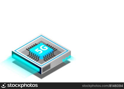 5G network processor illustration. Mobile wireless internet of next generation. Isometric futuristic micro chip. micro chip illustration. PC mainboard illustration background. 3D isometric hardware.