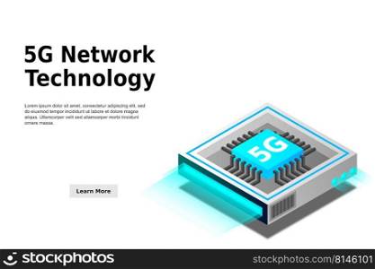 5G network processor illustration. Mobile wireless internet of next generation. Isometric futuristic micro chip. micro chip illustration. PC mainboard illustration background. 3D isometric hardware.