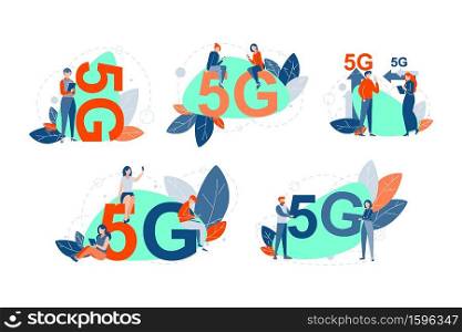 5g network set concept. 5g network wireless technology collection. Different people, men and women use 5g techonology. High speed mobile Internet. Usage of modern digital devices. Flat vector. 5g network set concept