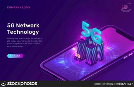5G network technology, isometric concept vector illustration. Smart city, buildings with 5G symbol wireless internet and mobile phone isolated on ultraviolet background. High speed internet web page. 5G network technology, isometric concept