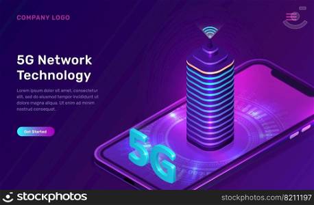 5G network technology, isometric concept vector illustration. Smart city, buildings with 5G symbol wireless internet and mobile phone isolated on ultraviolet background. High speed internet web page. 5G network technology, isometric concept