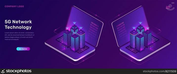 5G network technology, isometric concept vector illustration. Smart city, buildings with symbol wireless internet, open laptop icon isolated on ultraviolet background. High speed internet web page. 5G network technology, isometric concept
