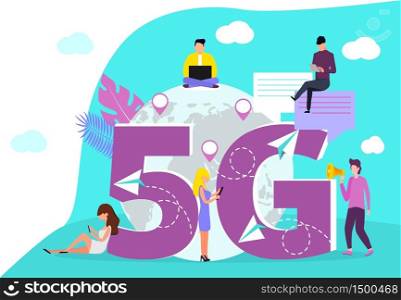 5G network wireless concept vector. Big letters 5g are shown on blue background. Tiny people are using new technology. High-speed mobile networks.. 5G network wireless concept vector. Big letters 5g are shown on blue background.
