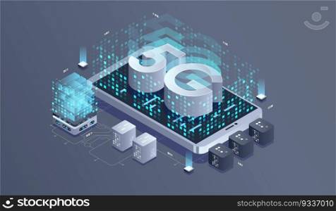 5G network wireless technology. Communication network, Business isometric concept.