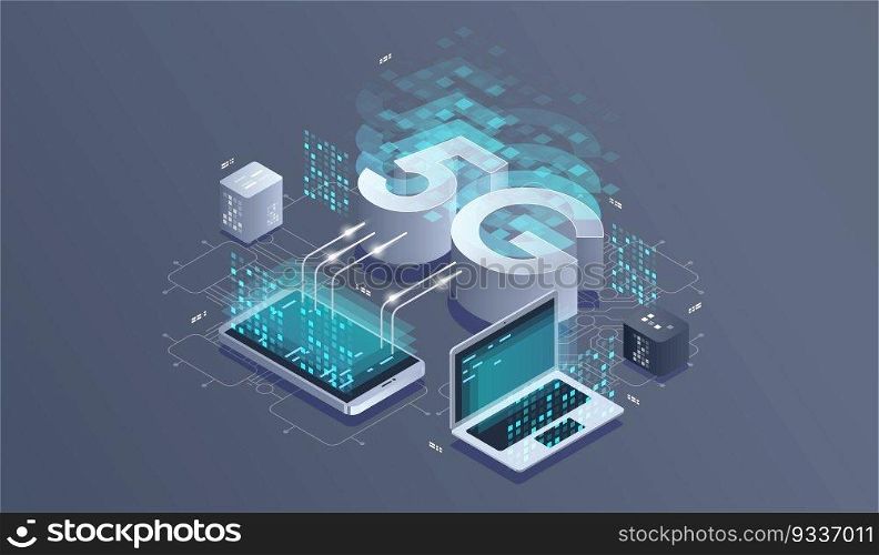 5G network wireless technology. Communication network, Business isometric concept.