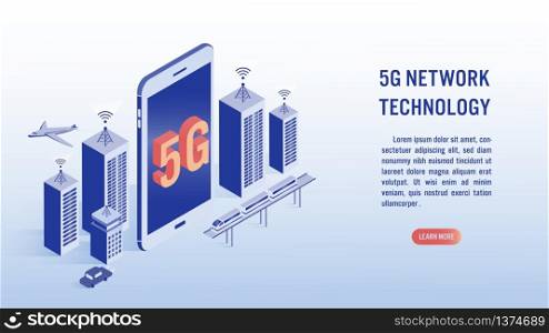 5G network wireless technology, high-speed internet concept. Smart city or intelligent building, car, airplane, train and big letters 5g on screen mobile. Isometric vector illustration.