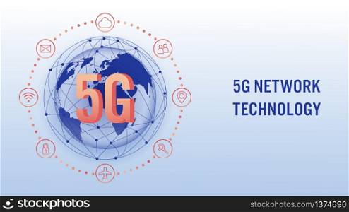 5G network wireless technology, high-speed internet concept. Big letters 5g on global, line connection and related icon. Isometric vector illustration.