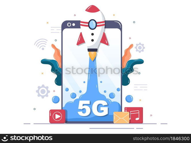 5G Network Wireless Technology Smartphone with Transmitter Tower Set Up High-Speed Mobile Internet for Communication and Gadgets. Background Vector Illustration