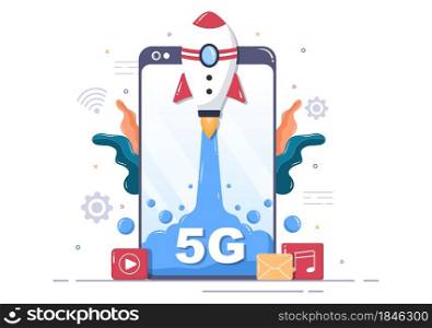 5G Network Wireless Technology Smartphone with Transmitter Tower Set Up High-Speed Mobile Internet for Communication and Gadgets. Background Vector Illustration