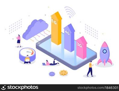 5G Network Wireless Technology Smartphone with Transmitter Tower Set Up High-Speed Mobile Internet for Communication and Gadgets. Background Vector Illustration