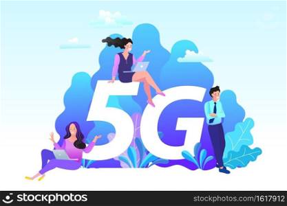5G network wireless technology vector illustration. Small characters near big 5G sign. Flat cartoon style.