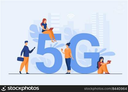 5G networks and telecom concept. People using digital devices. Flat vector illustration for fast speed internet, interaction, social media topics