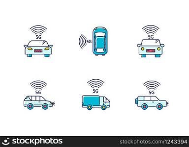5G smart cars RGB color icons set. Vehicles with Internet connection. Autonomous driving. Self-driving, intelligent automobile. Wireless technology. Isolated vector illustrations