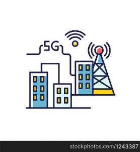 5G smart city RGB color icon. Improved urban infrastructure. Mobile cellular network coverage. Wireless technology. High quality signal. Isolated vector illustration