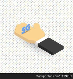 5G symbol in his hand on a digital background. . 5G symbol in his hand on a digital background. Vector illustration .