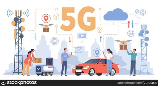5g technology people. Modern wireless world, transmitter towers in cityscape, men and women use smartphones, drones delivery, smart city horizontal banner, vector cartoon flat style isolated concept. 5g technology people. Modern wireless world, transmitter towers in cityscape, men and women use smartphones, drones delivery, smart city horizontal banner, vector concept