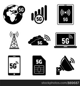 5G telecommunications icons set. Simple set of 5G telecommunications vector icons for web design on white background. 5G telecommunications icons set, simple style
