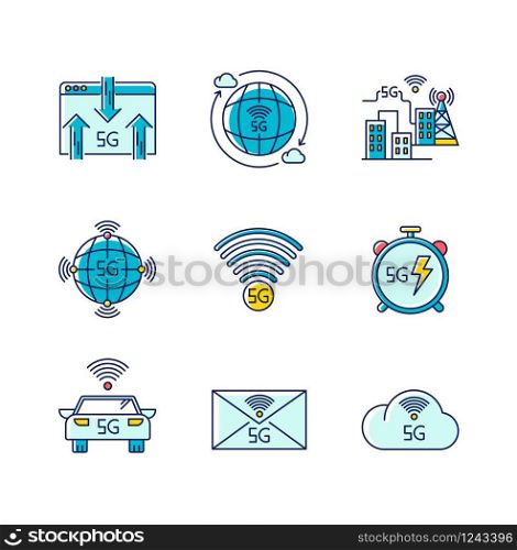 5G wireless technology RGB color icons set. Car control, data exchange. Smart city. Fast Internet connection. Mobile cellular network. Isolated vector illustrations