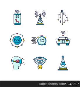 5G wireless technology RGB color icons set. Cell tower, improved phone calls. VR headset. Fast connection. Mobile cellular network. Isolated vector illustrations