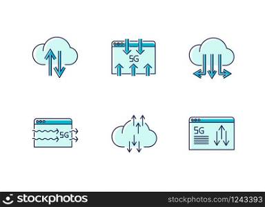 5G wireless technology RGB color icons set. Data transmission. Fast information exchange. Cloud computing. Mobile cellular network. Isolated vector illustrations