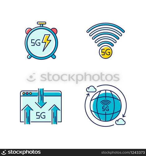 5G wireless technology RGB color icons set. Fast speed. Low latency connection. Signal indicator. Data exchange. Mobile cellular network. Isolated vector illustrations