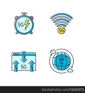 5G wireless technology RGB color icons set. Fast speed. Low latency connection. Signal indicator. Data exchange. Mobile cellular network. Isolated vector illustrations