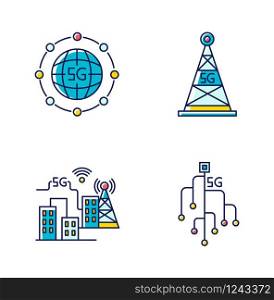 5G wireless technology RGB color icons set. Smart city. Microchip. Cell tower. World standard. Fast speed. Mobile cellular network. Isolated vector illustrations