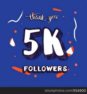 5k followers thank you social media template. Flat blue banner for internet networks with decoration. 5000 subscribers congratulation post. Vector illustration.